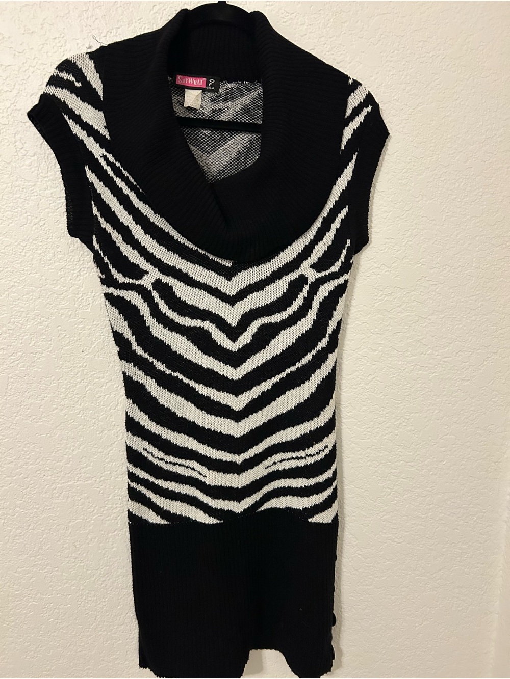 Say What? Womens L Zebra Print Cowl Neck Sweater Tunic Dress Black White